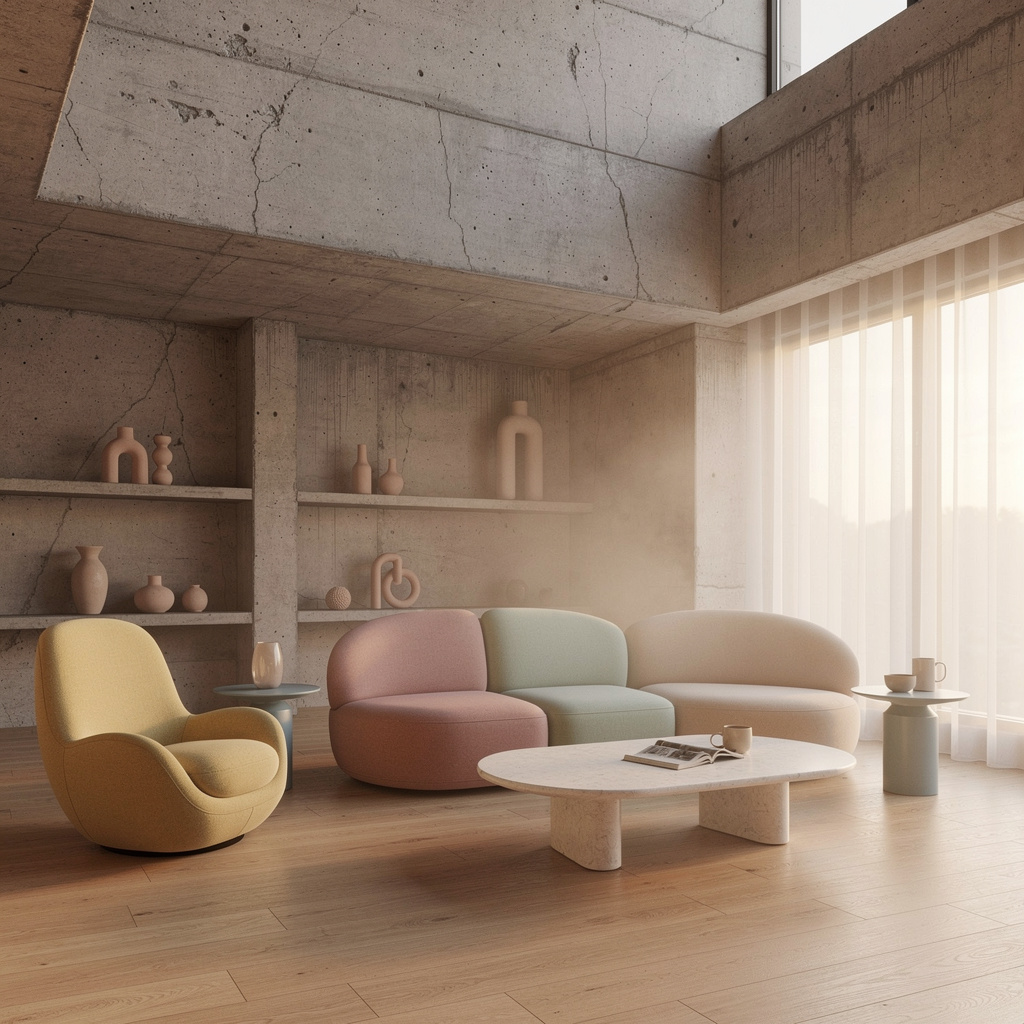 An interior scene rendered in soft brutalism — raw concrete 