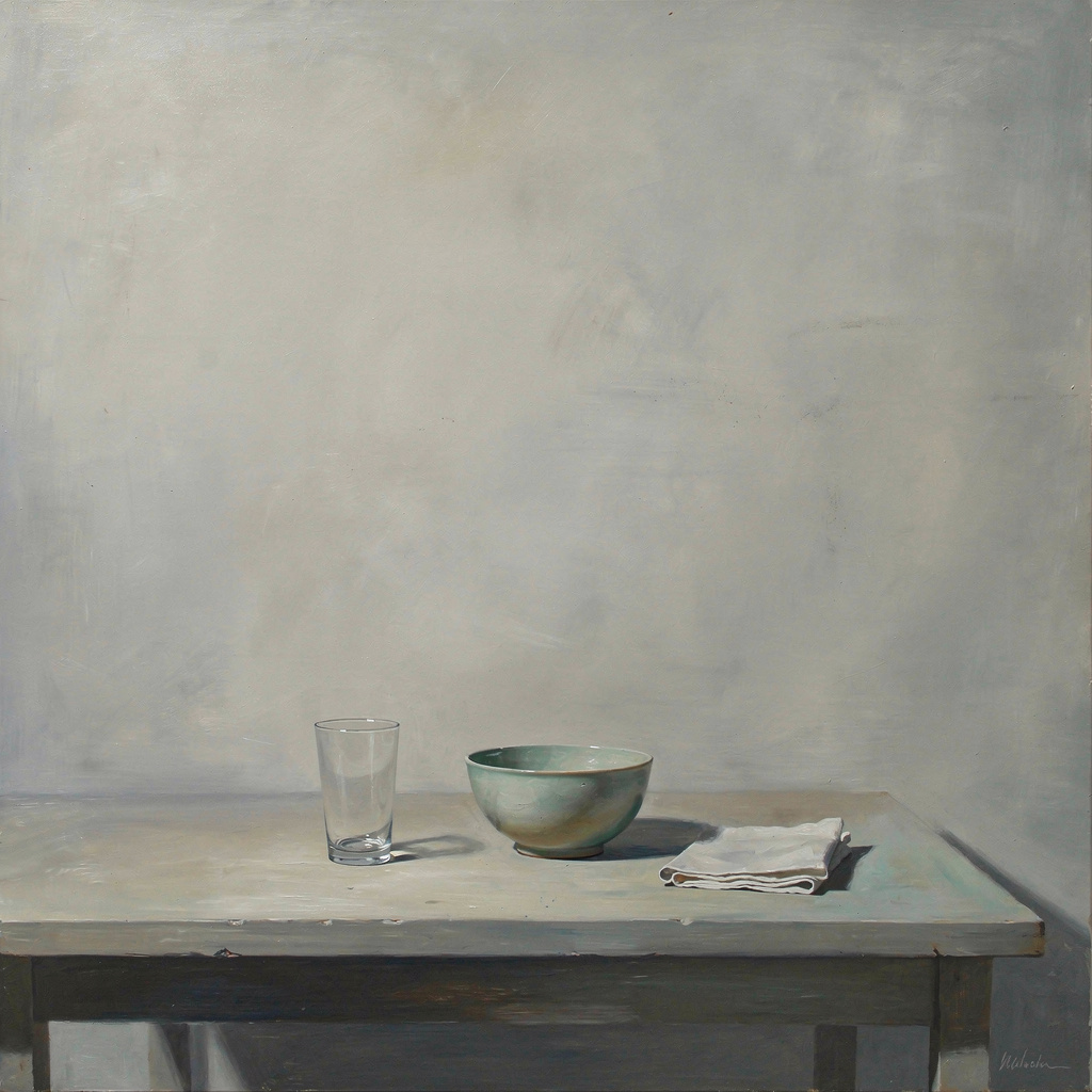 A still life painted in anxious minimalism — sparse composit