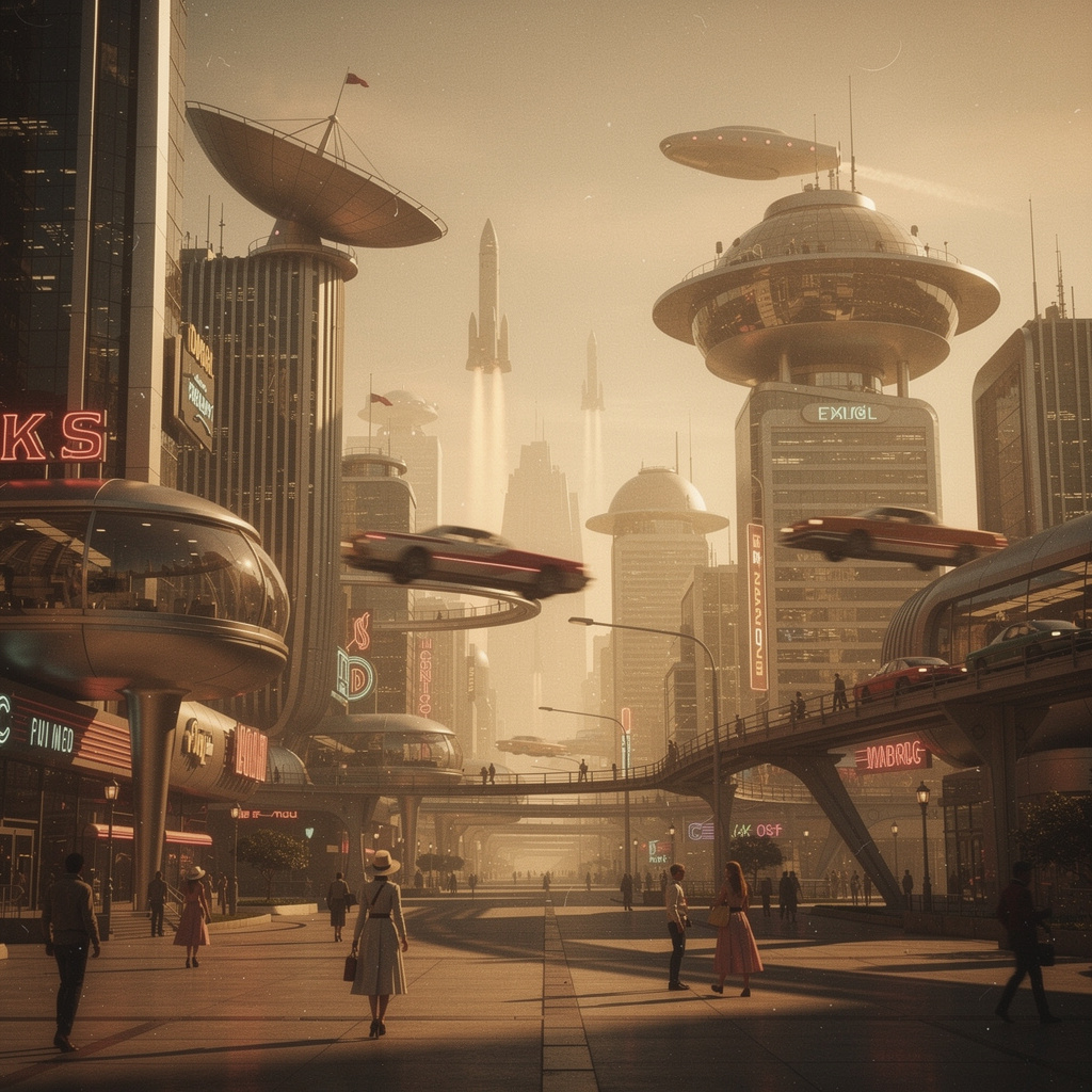 A cityscape rendered in nostalgic futurism — retro-futuristi