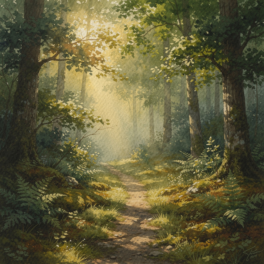 A forest rendered in photorealistic watercolor — the detail 