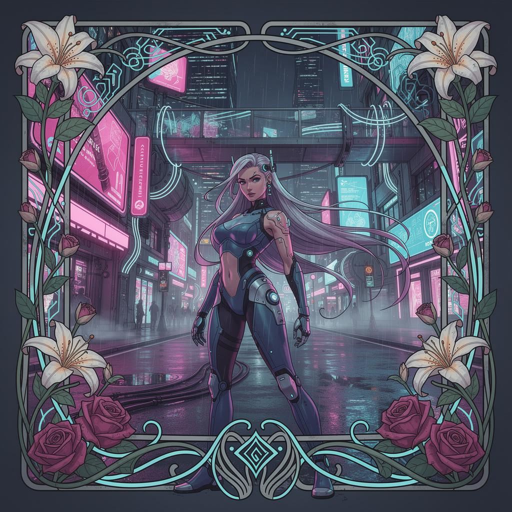 A woman in a futuristic city rendered in cyberpunk Art Nouve