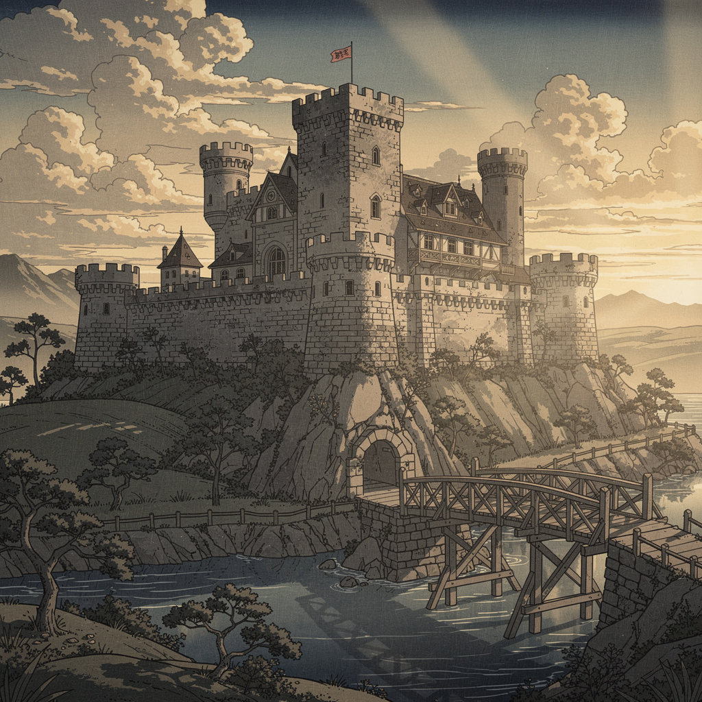 A medieval castle depicted in Japanese ukiyo-e woodblock pri