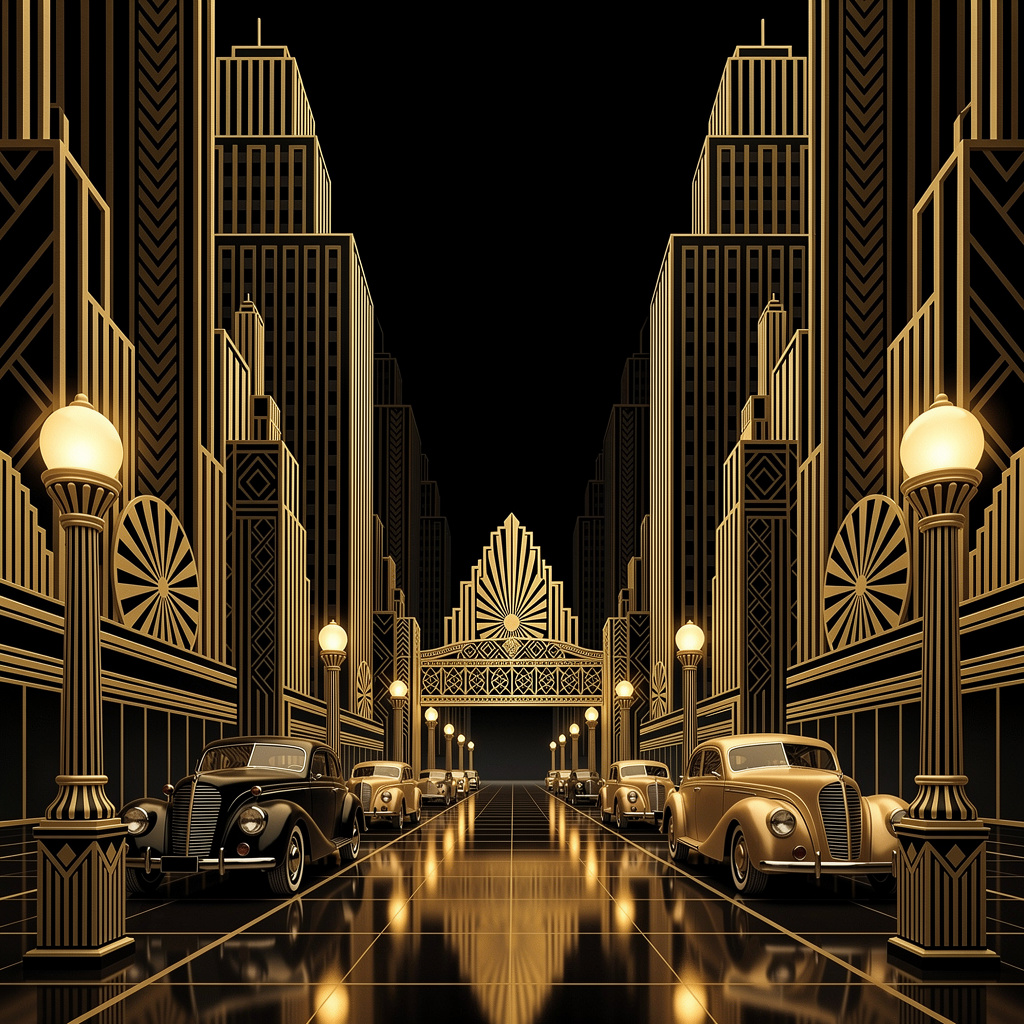 A city street scene in the style of Art Deco — geometric sha