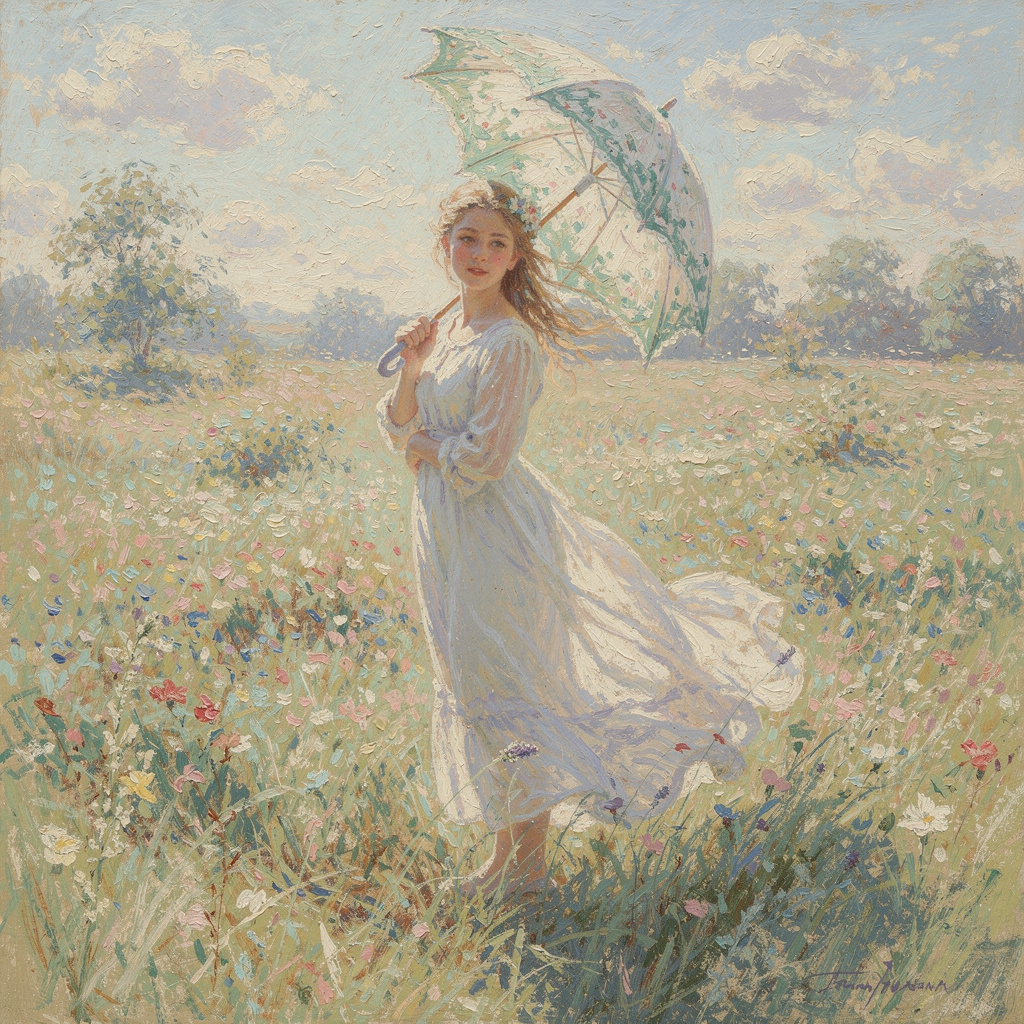 A woman with a parasol in the style of Impressionism — soft 