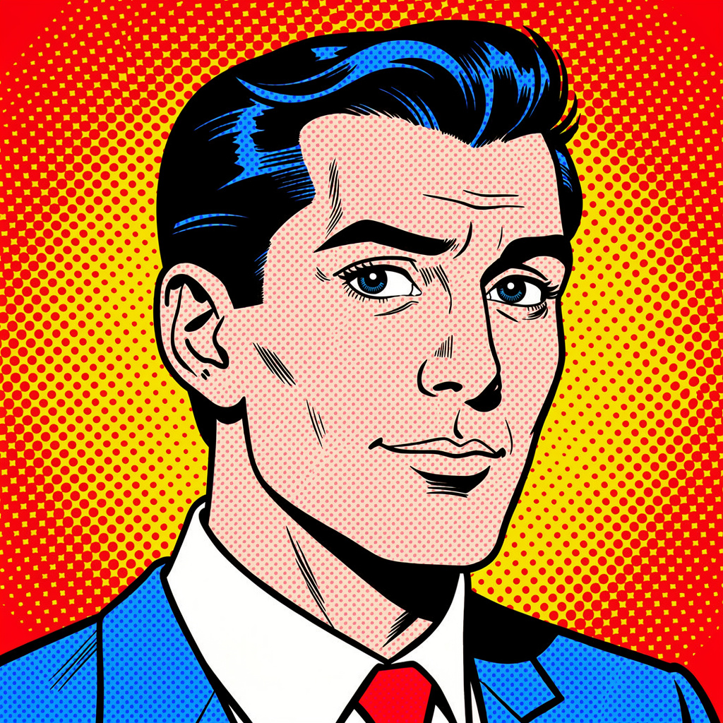 A portrait of a man in Pop Art style — bold outlines, Ben-Da