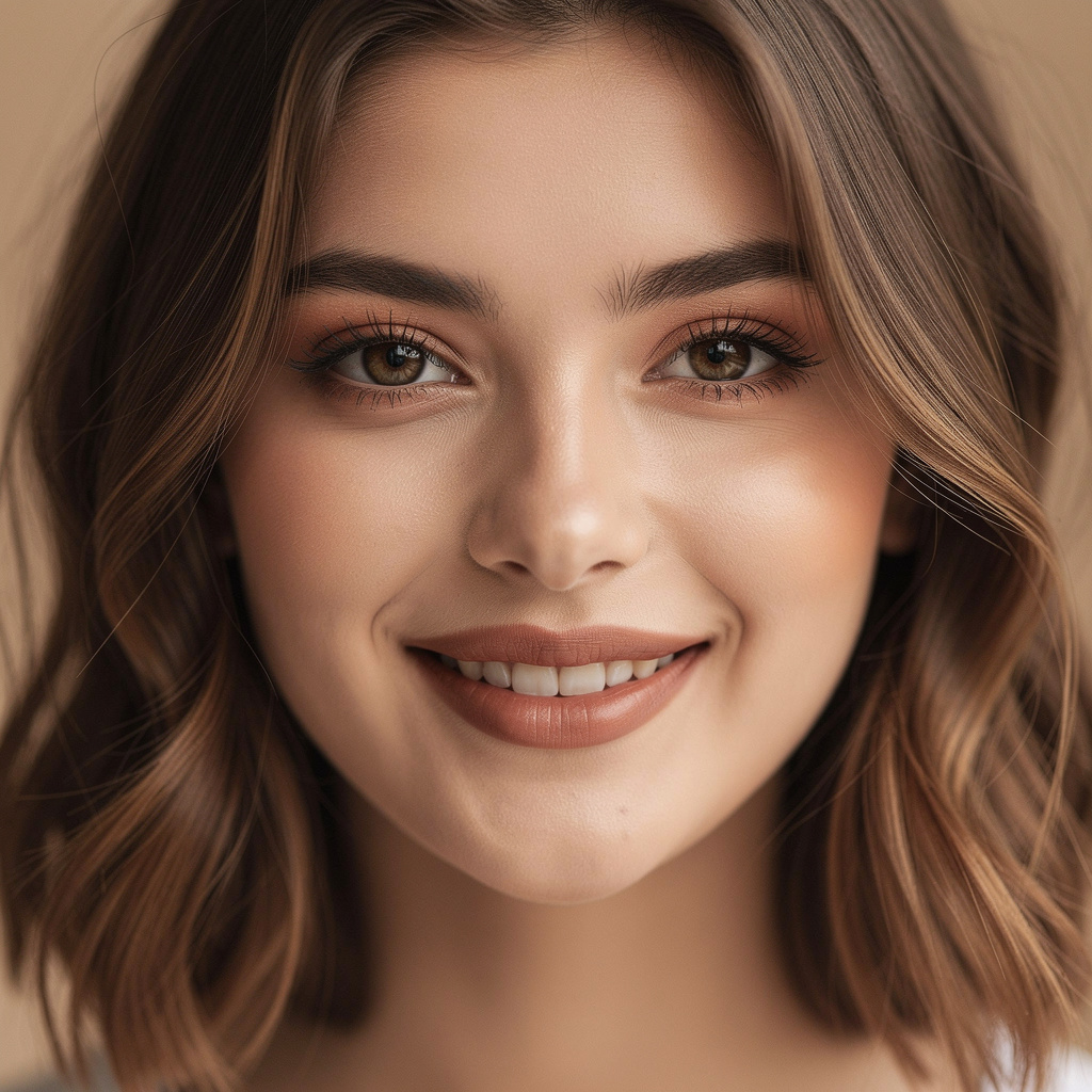 A close-up portrait of a young woman with a warm natural smi