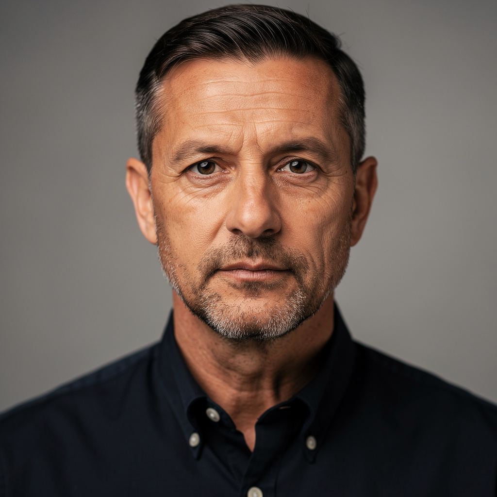 A portrait of a middle-aged man with a calm, serious express