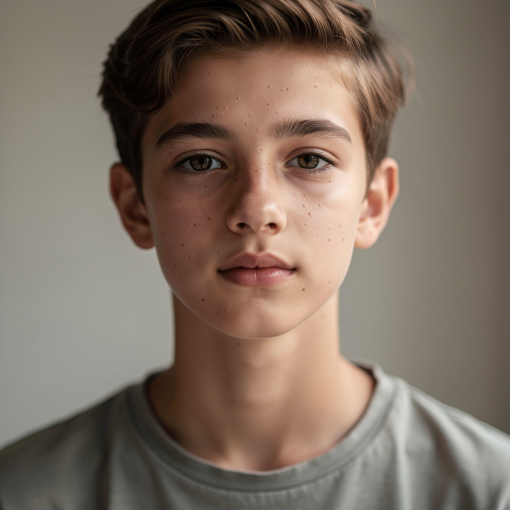 A headshot of a teenager with a relaxed, neutral face