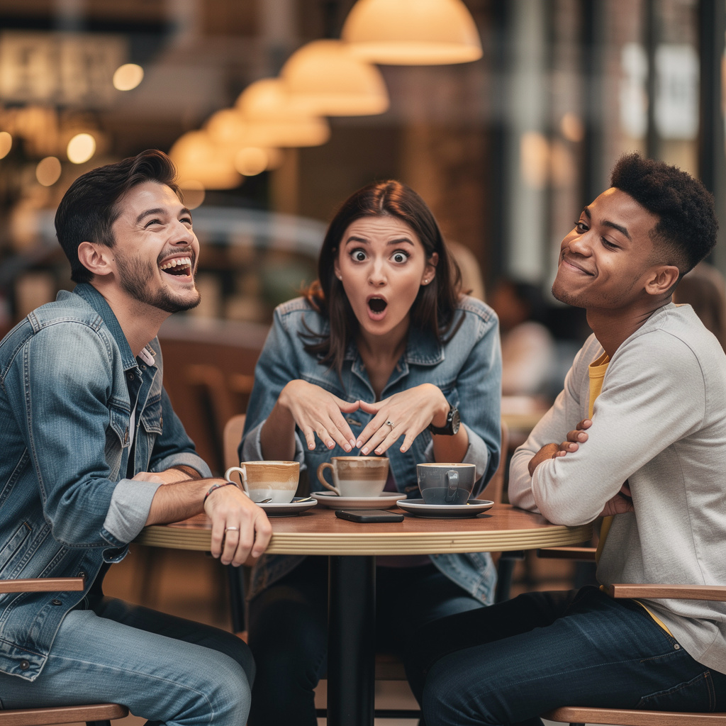 A group of three friends at a table: one laughing with head 