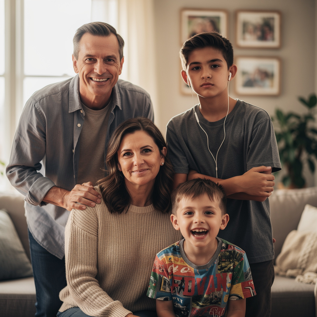 A family photo with four people: a father beaming with pride