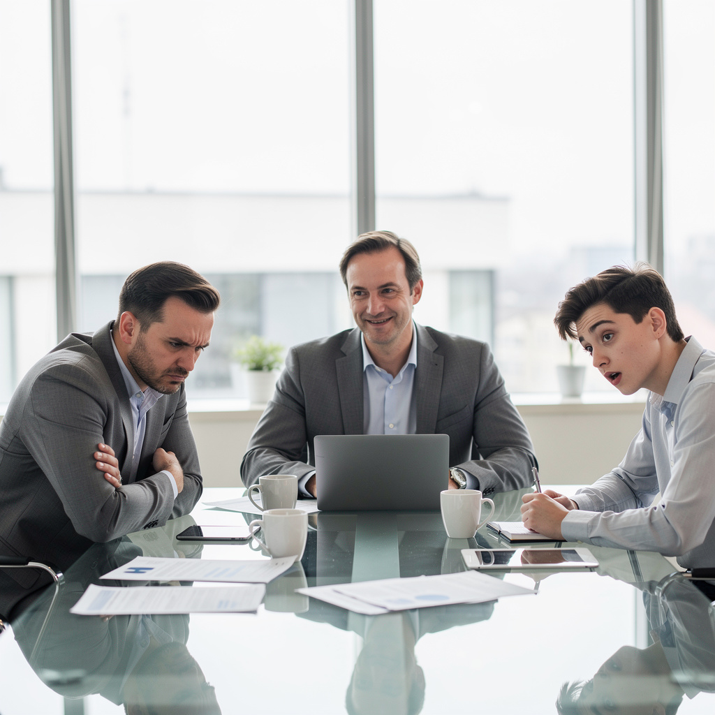 Three coworkers in a meeting: one looking frustrated with fu
