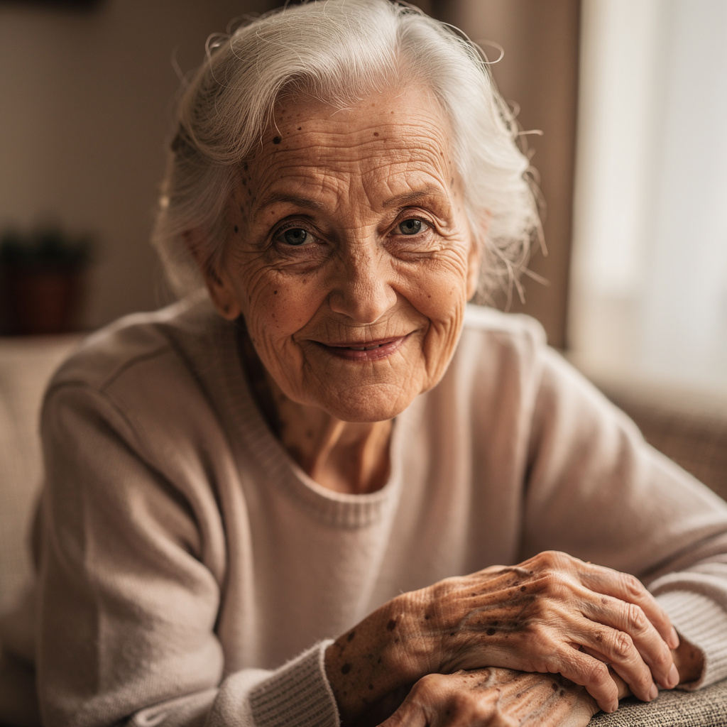 An elderly woman in her 80s with deep wrinkles and white hai