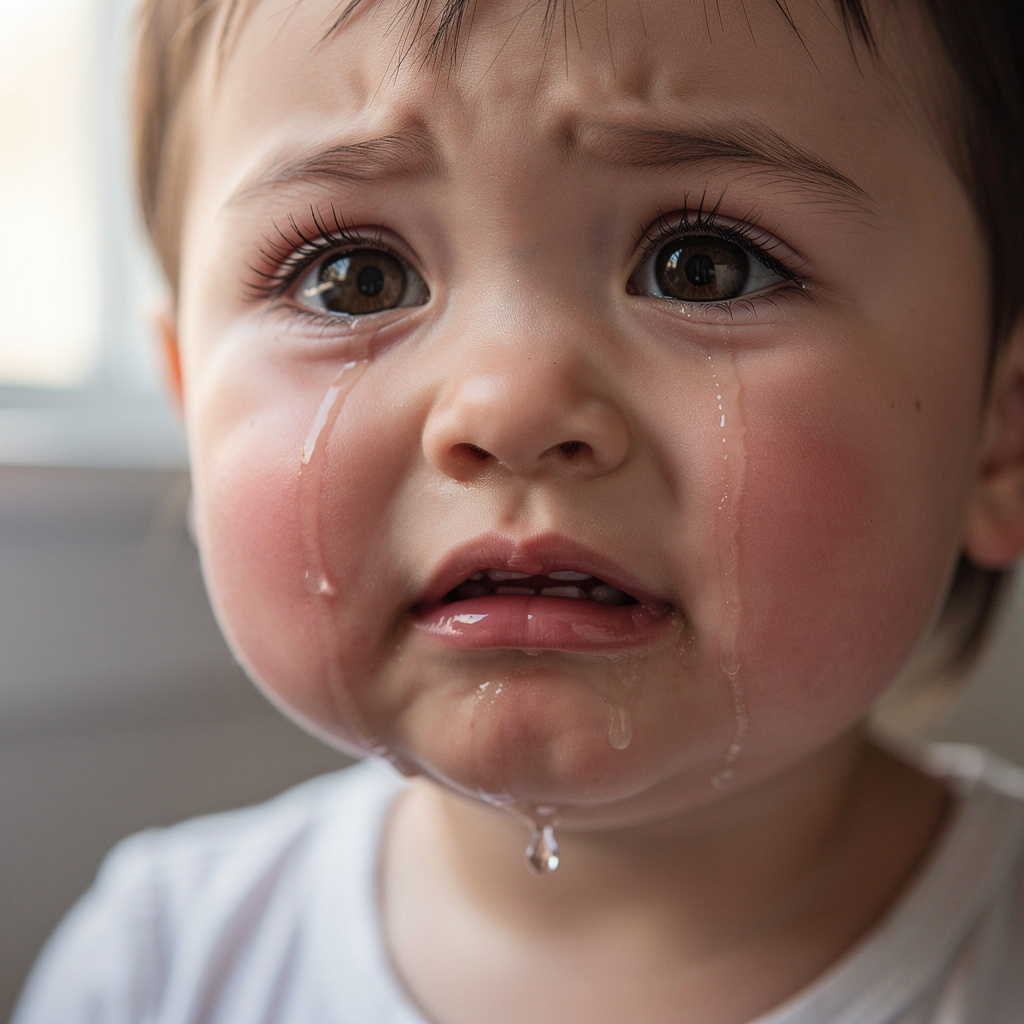 A 5-year-old child with round cheeks and large eyes, crying 