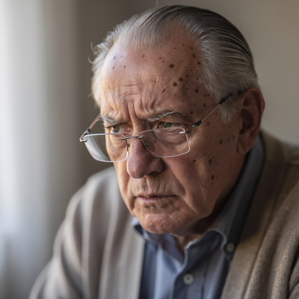 An elderly man in his 70s with age spots and thinning gray h