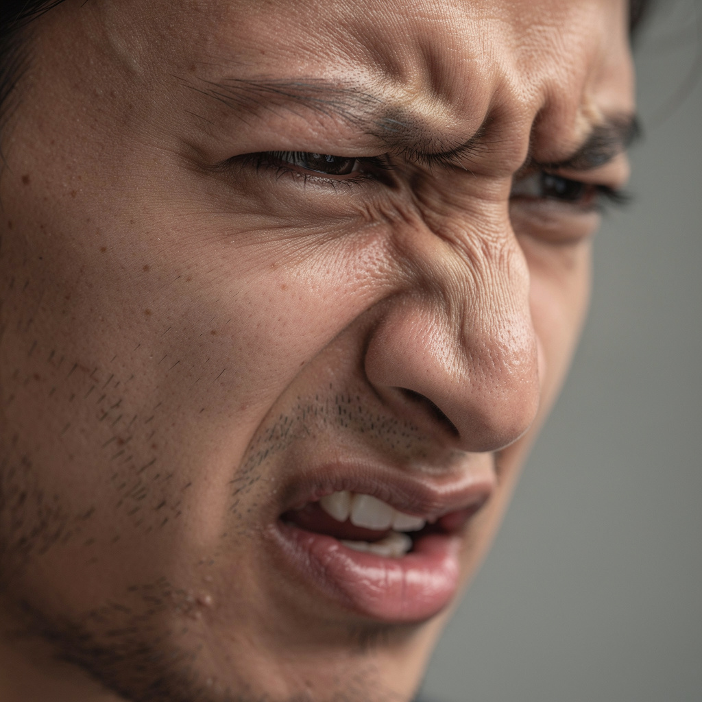 A close-up of a person's face showing clear disgust, nose wr