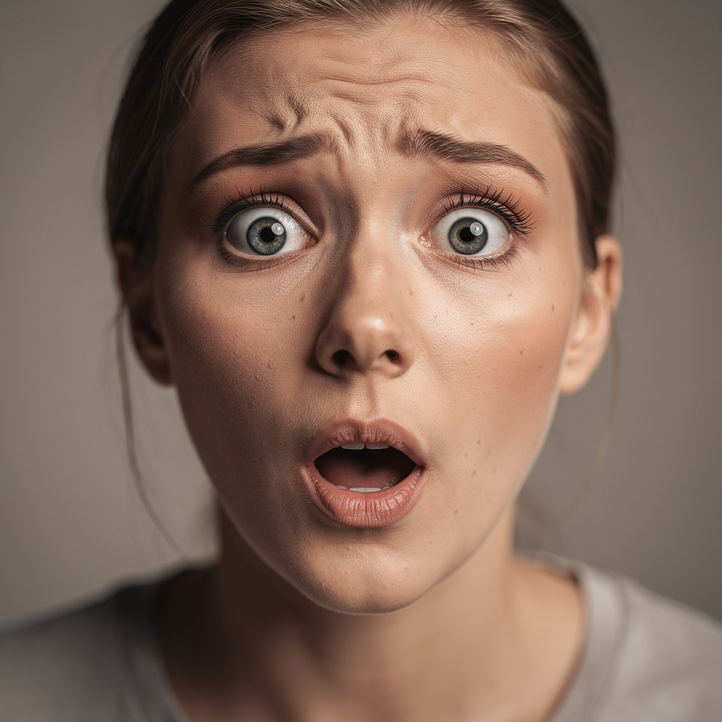 A portrait capturing genuine surprise — raised eyebrows, wid