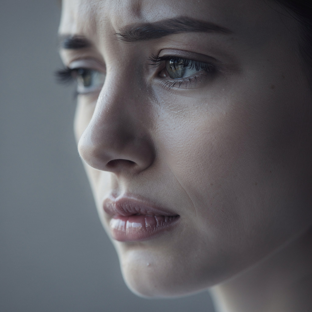 A face showing quiet melancholy — downcast eyes, slightly dr