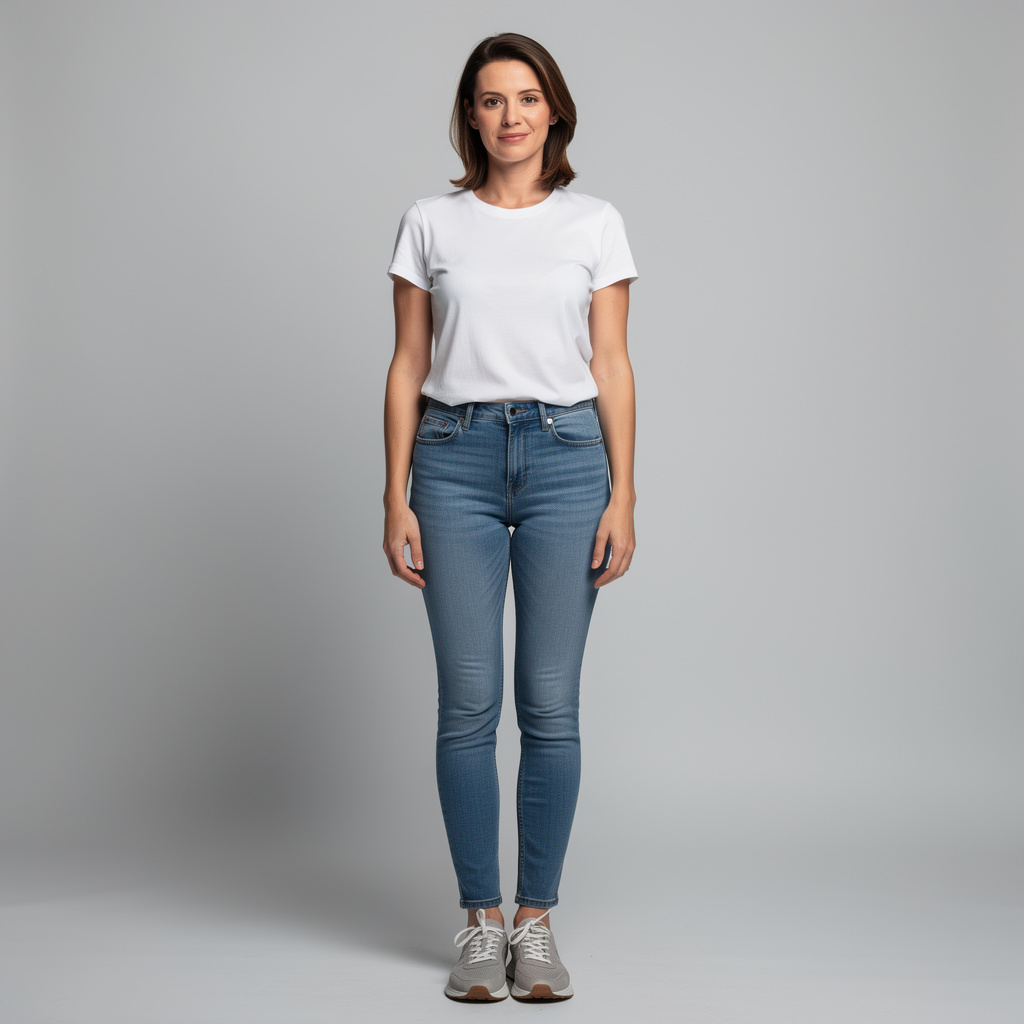 A woman standing upright in a relaxed pose, arms at her side
