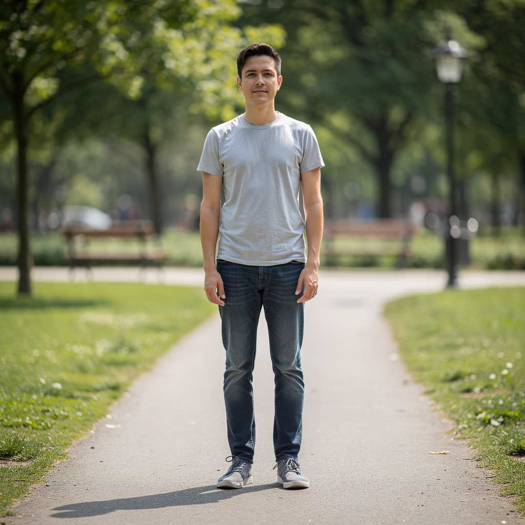 A person standing in a neutral pose in a park, full body vis