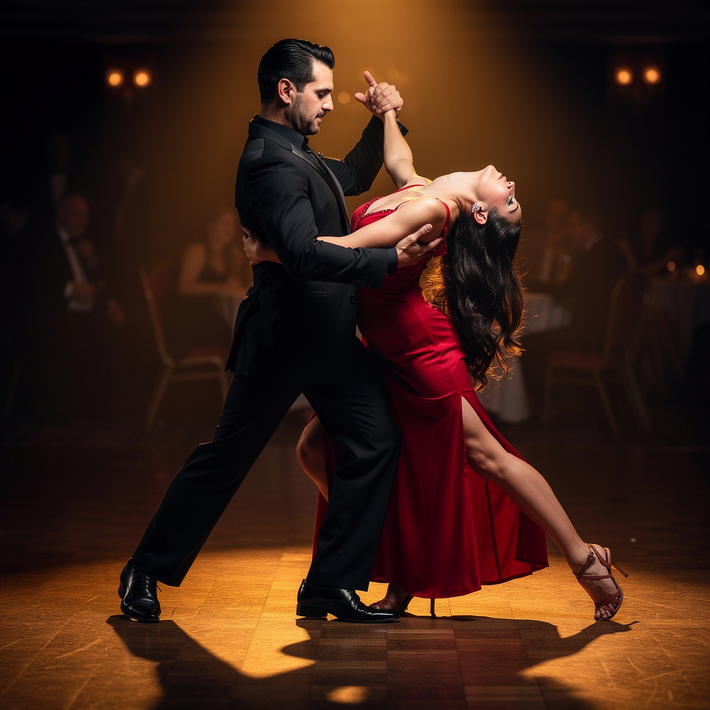 Two tango dancers in a close embrace, the man dipping the wo