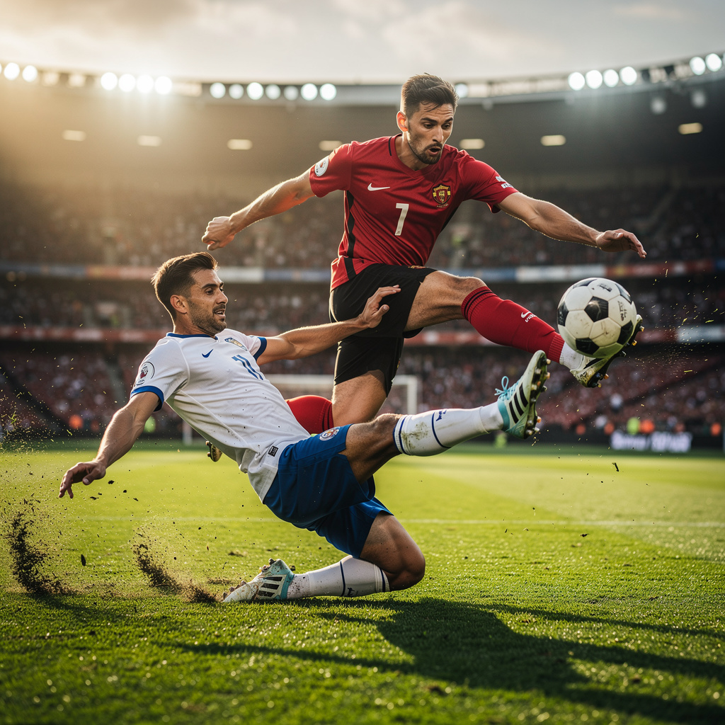 Two soccer players mid-tackle, one sliding and the other jum