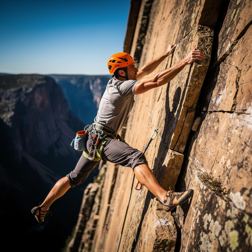 A rock climber clinging to a cliff face with arms and legs e