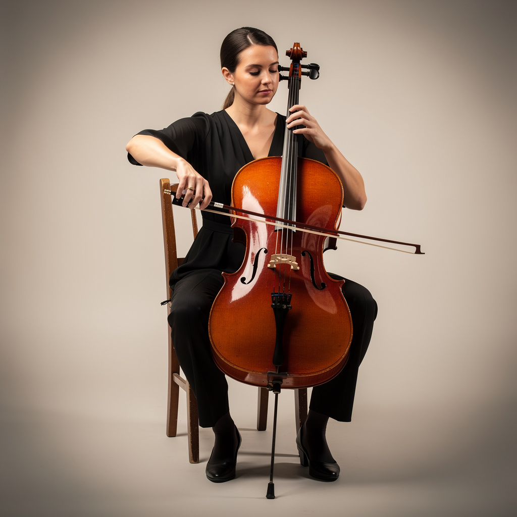 A cellist seated with correct posture, legs around the instr