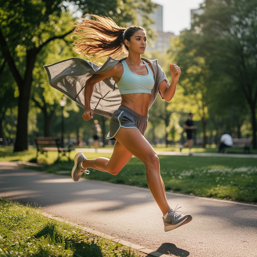 A woman mid-stride running through a park, hair and clothes 