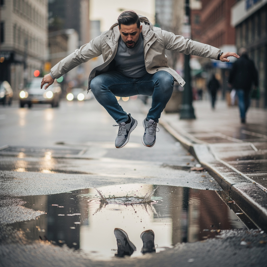 A man captured mid-jump over a puddle, body in the air with 