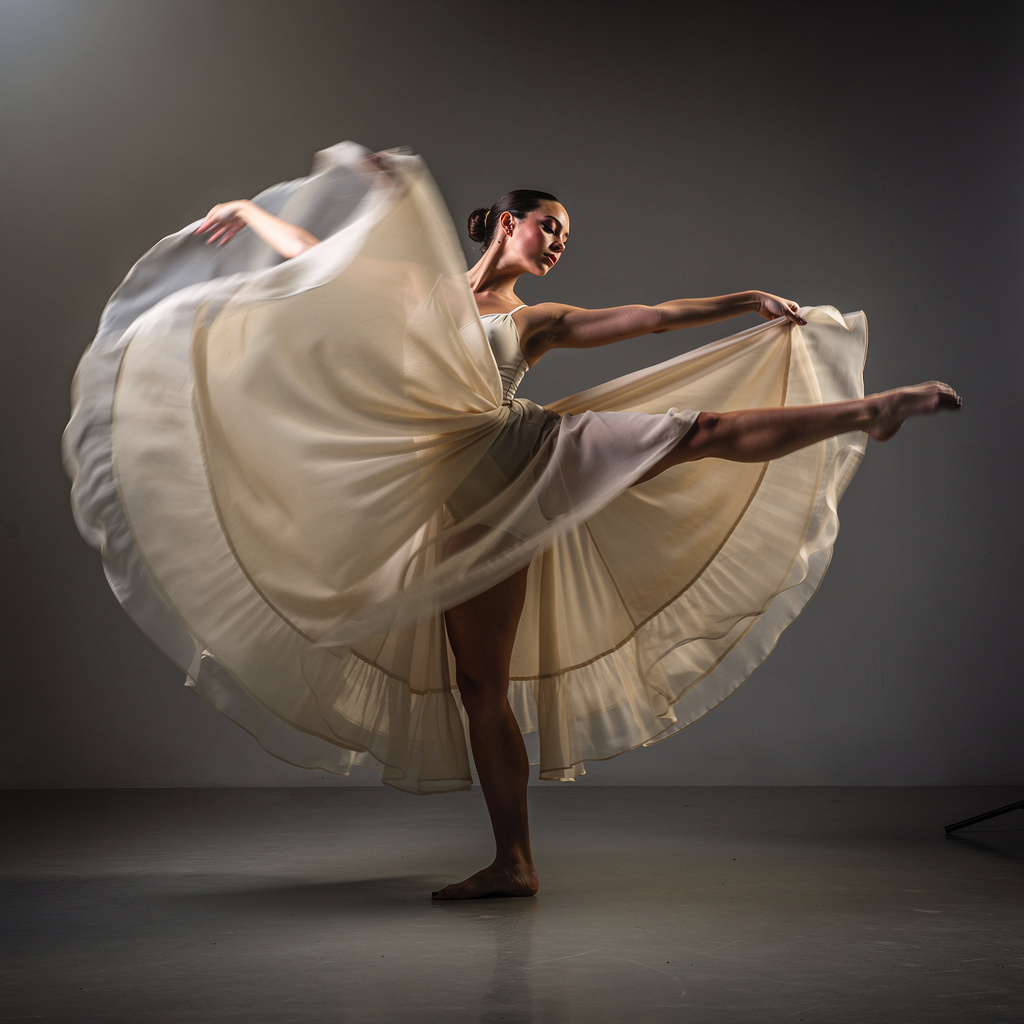 A dancer in a dynamic spin, dress flowing outward with one l