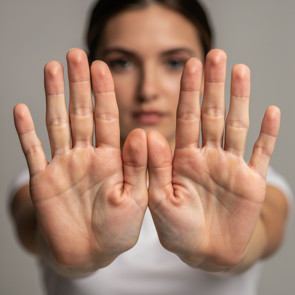 A woman holding her hands out in front of her palms-up, all 