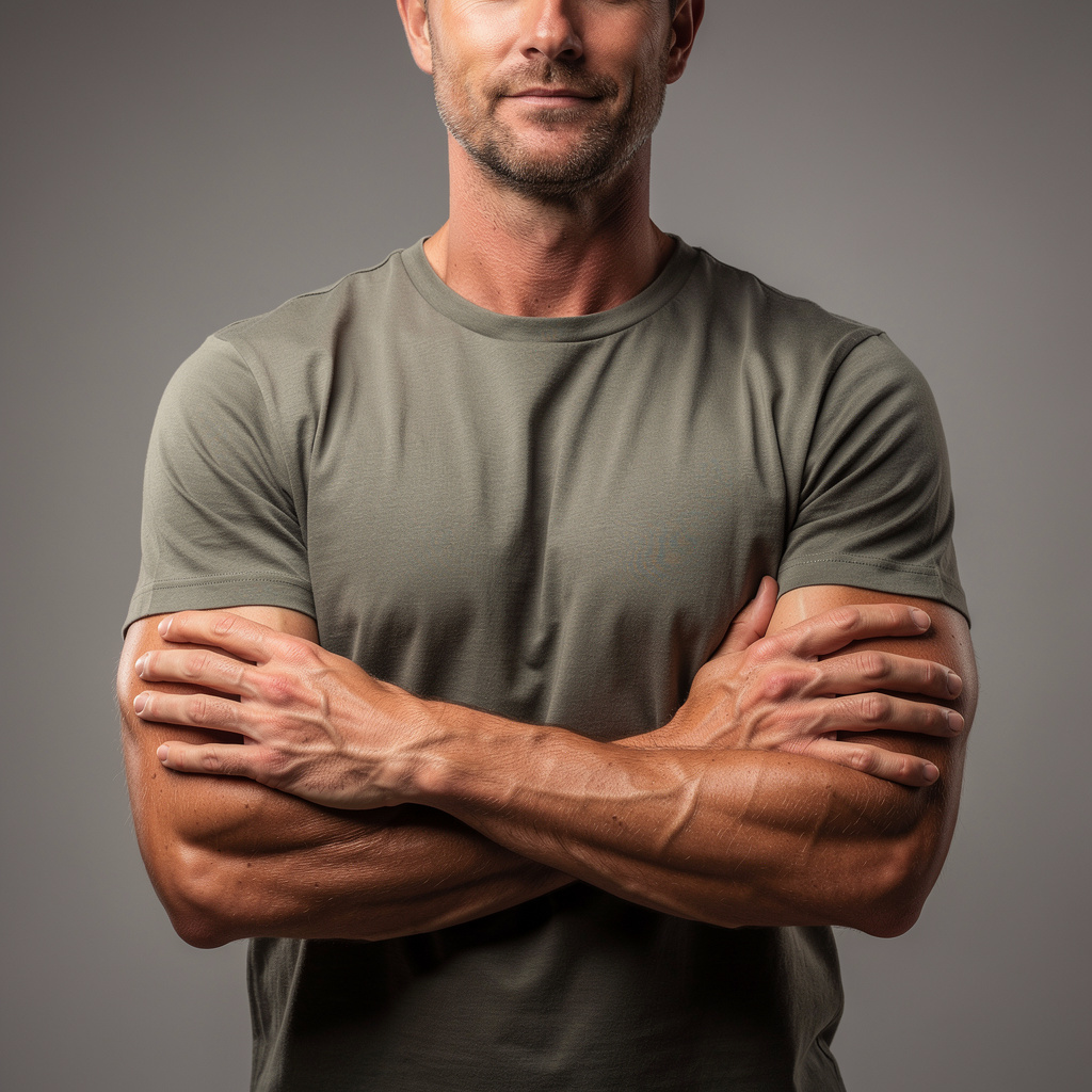 A man with arms crossed, both hands resting on opposite uppe