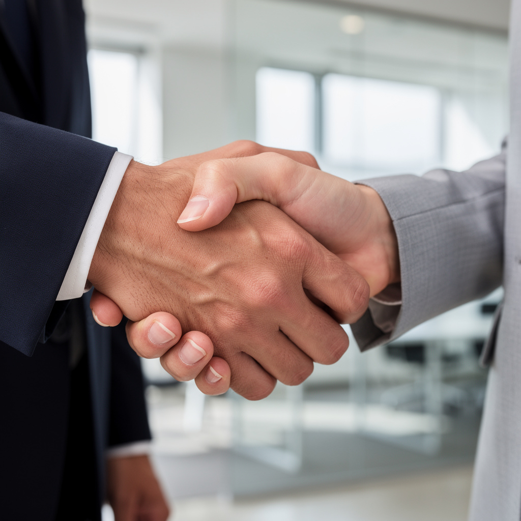 Two people shaking hands in a professional setting, all fing