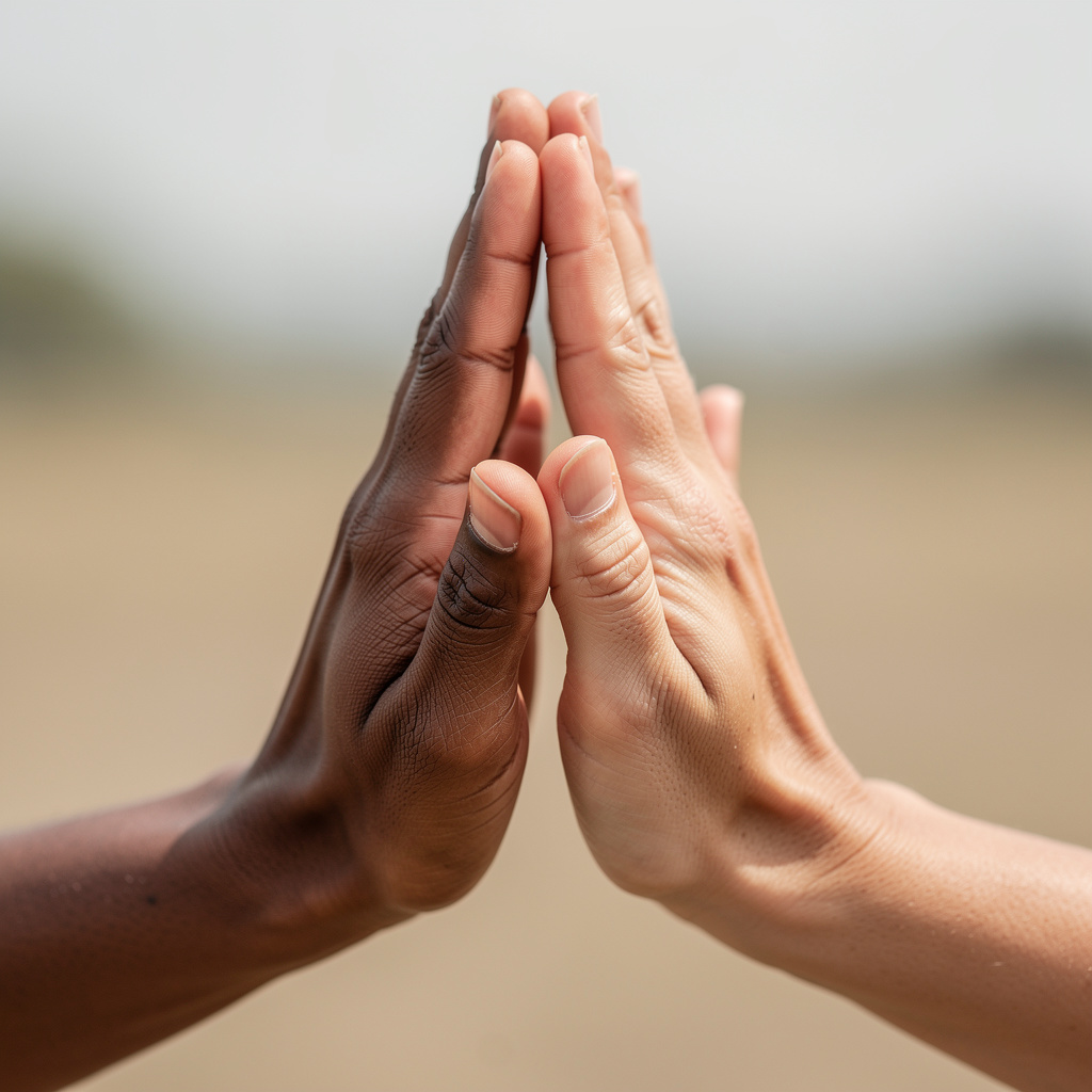Two people doing a high-five, palms meeting with all fingers