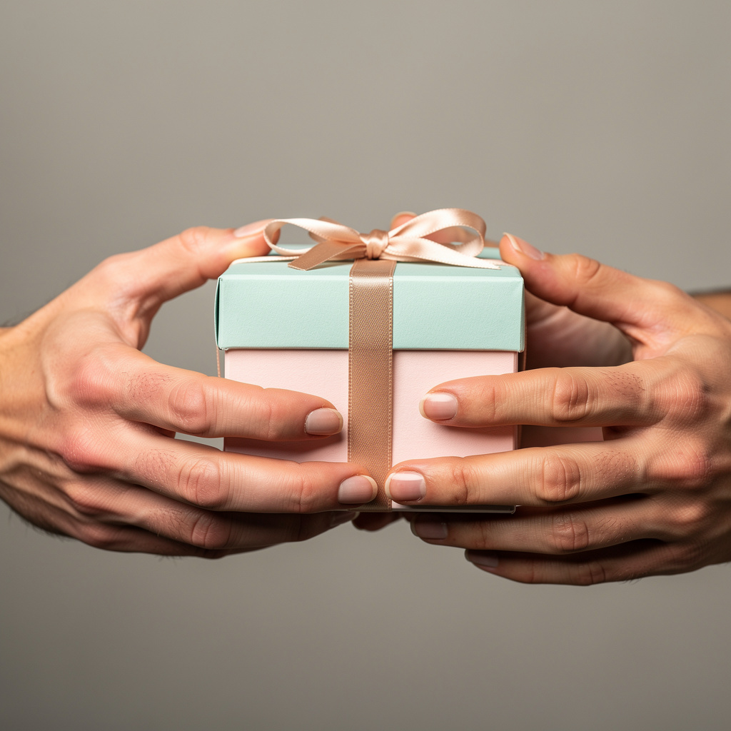 One person handing a small gift box to another person, both 