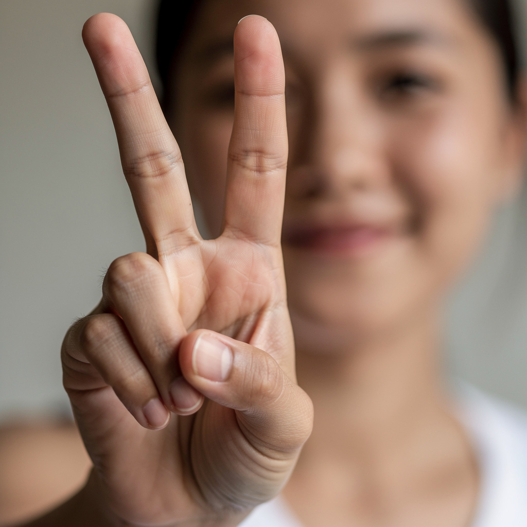 A person making a peace sign with their right hand, clearly 