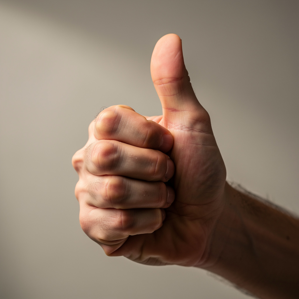 A hand giving a thumbs-up with four fingers curled and thumb