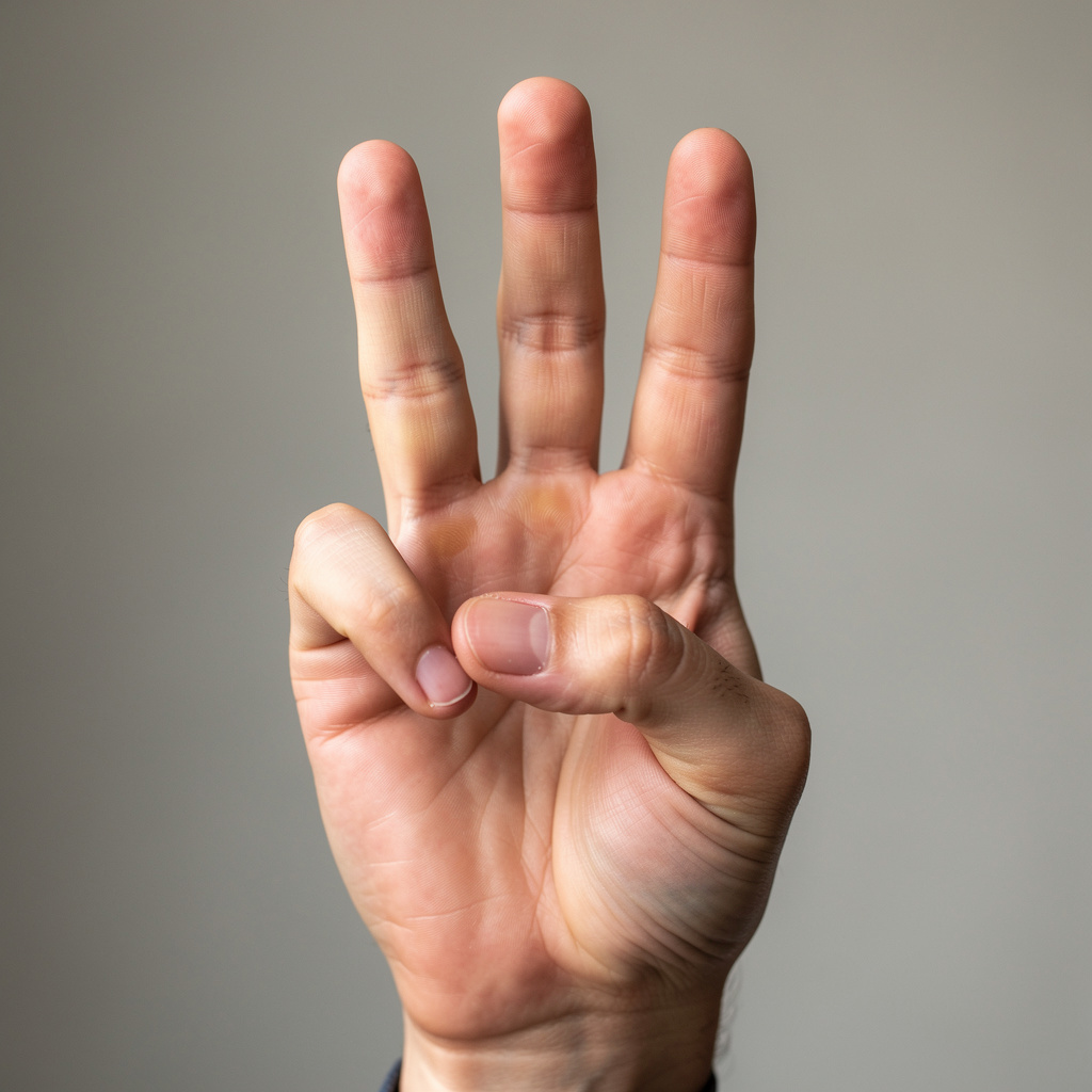 A person counting to three on their fingers, with index, mid