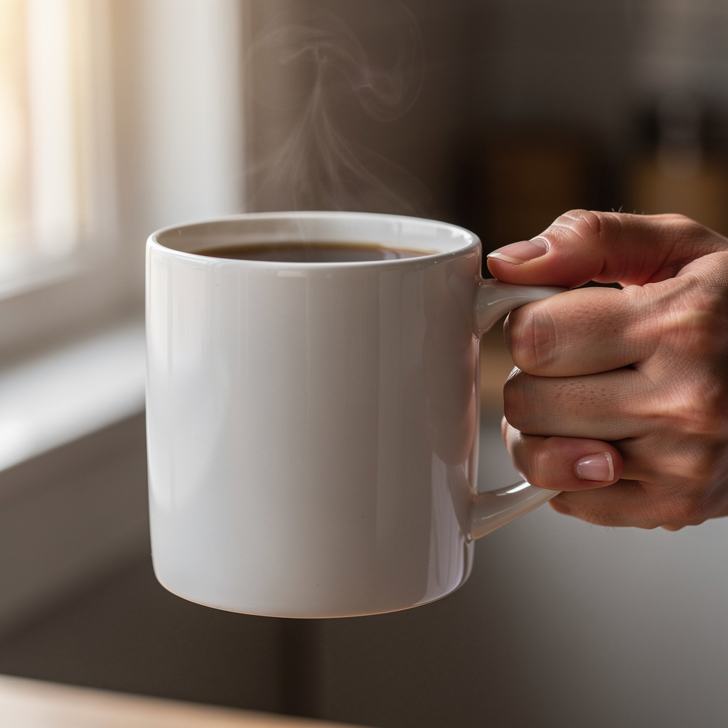 A person holding a white ceramic coffee mug by the handle wi