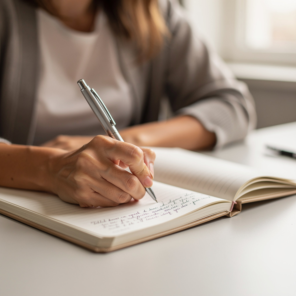 A woman writing in a notebook with a pen gripped correctly i