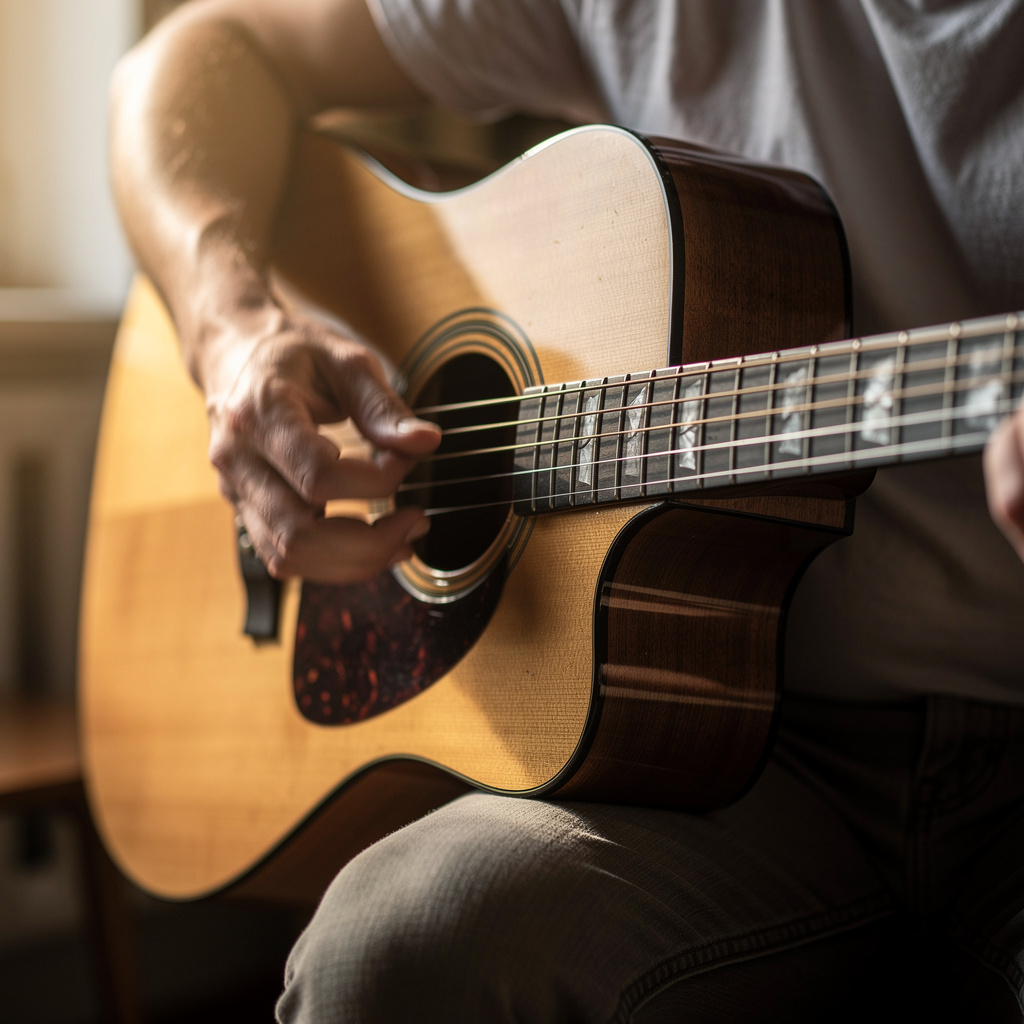 A person playing an acoustic guitar with left hand on the fr