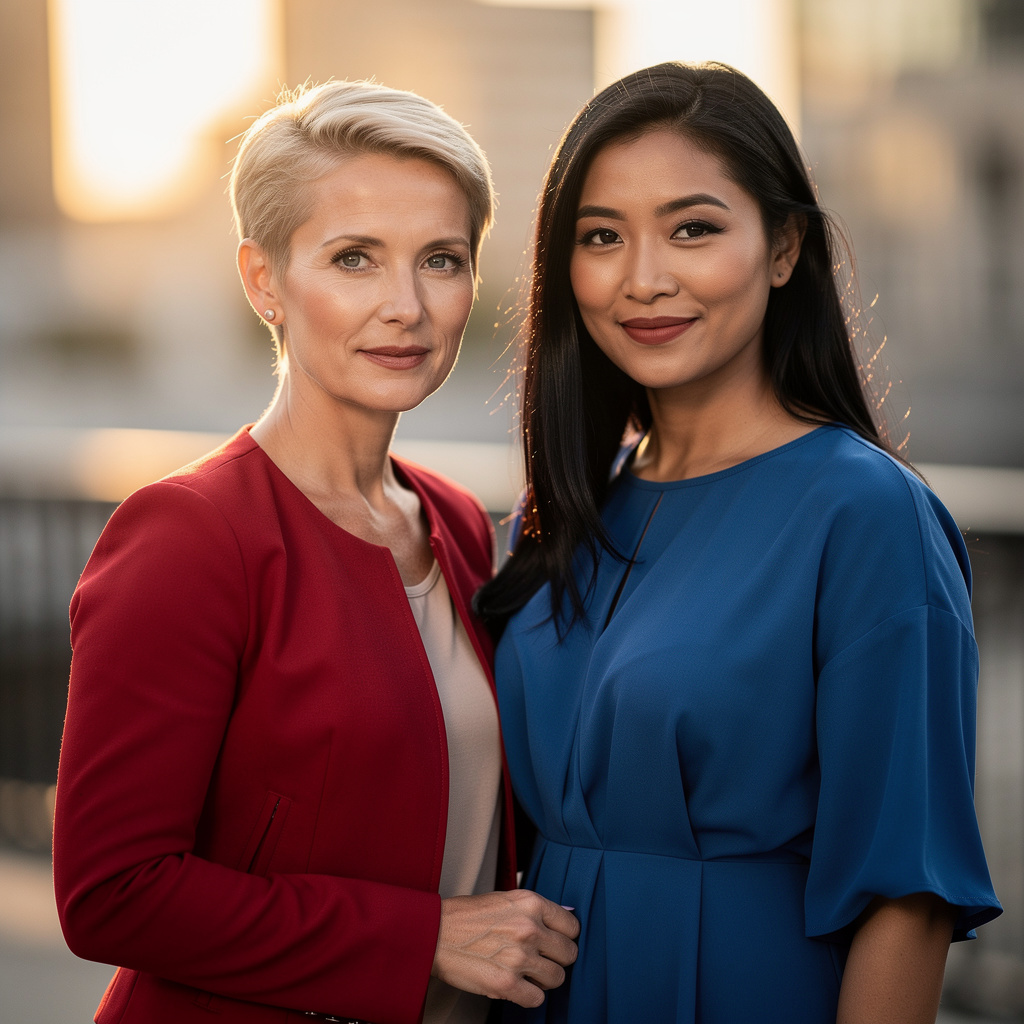 Two women standing side by side: one with short blonde hair 