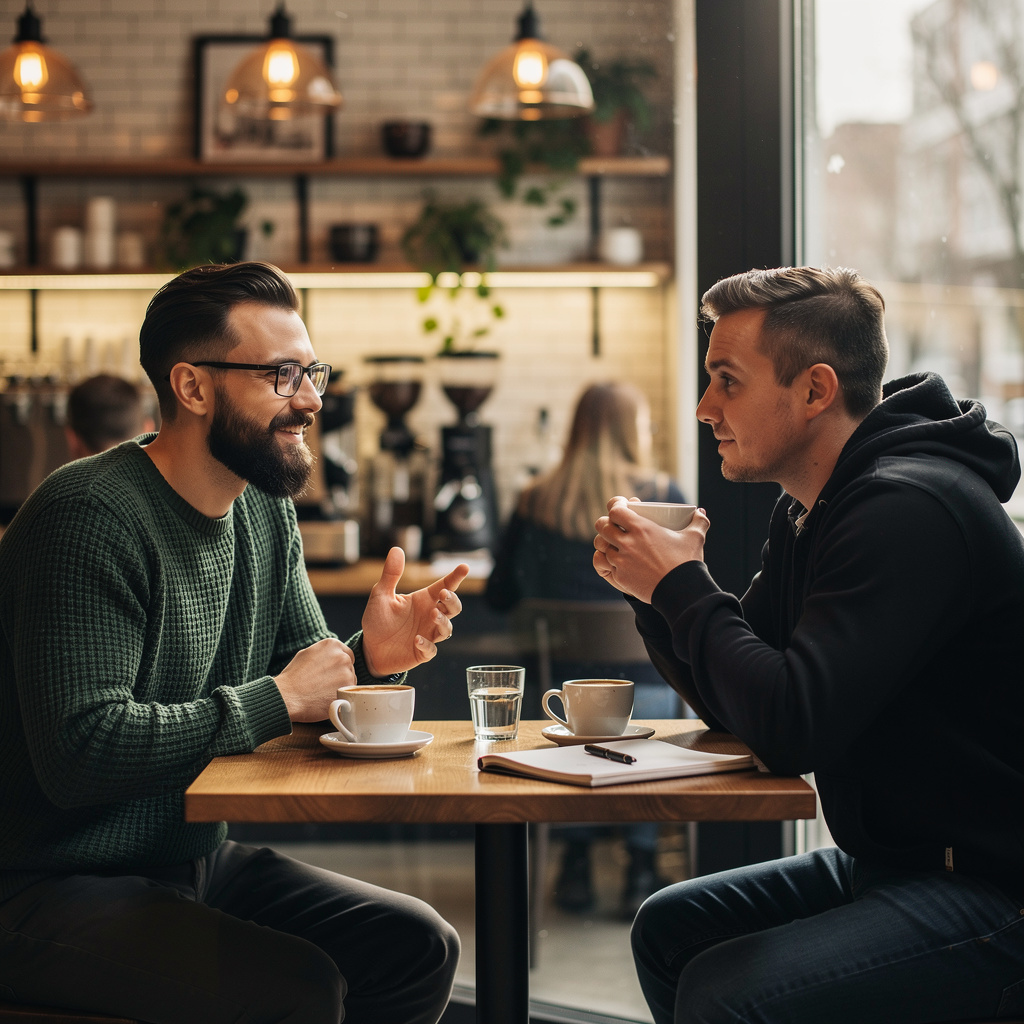 Two men at a cafe: one with a beard and glasses wearing a gr