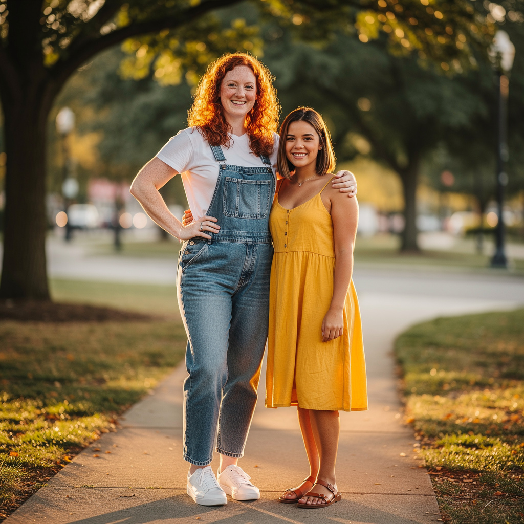 Two friends posing: one tall with curly red hair in denim ov