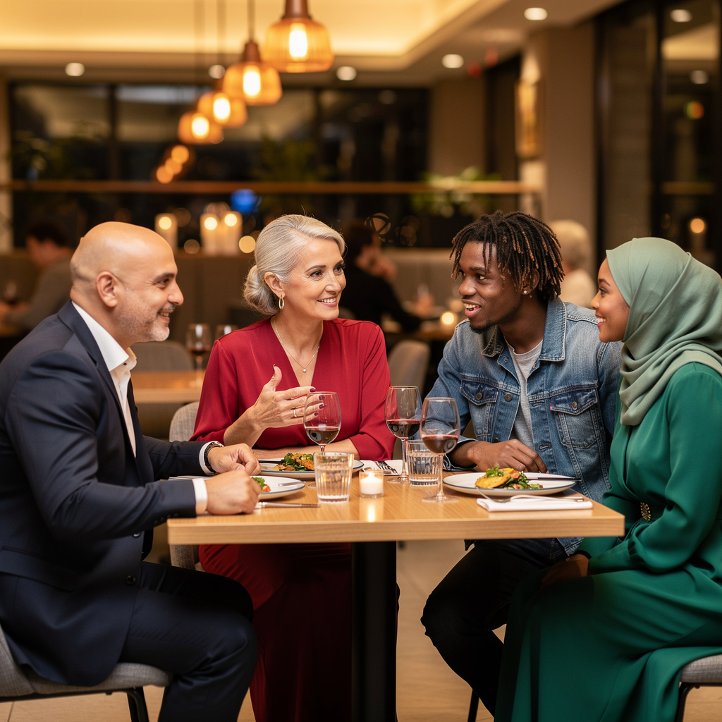 Four people at a dinner table: a bald man in a suit, a woman