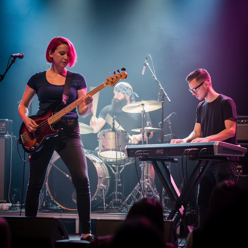 Three musicians on stage: a tall woman with short pink hair 