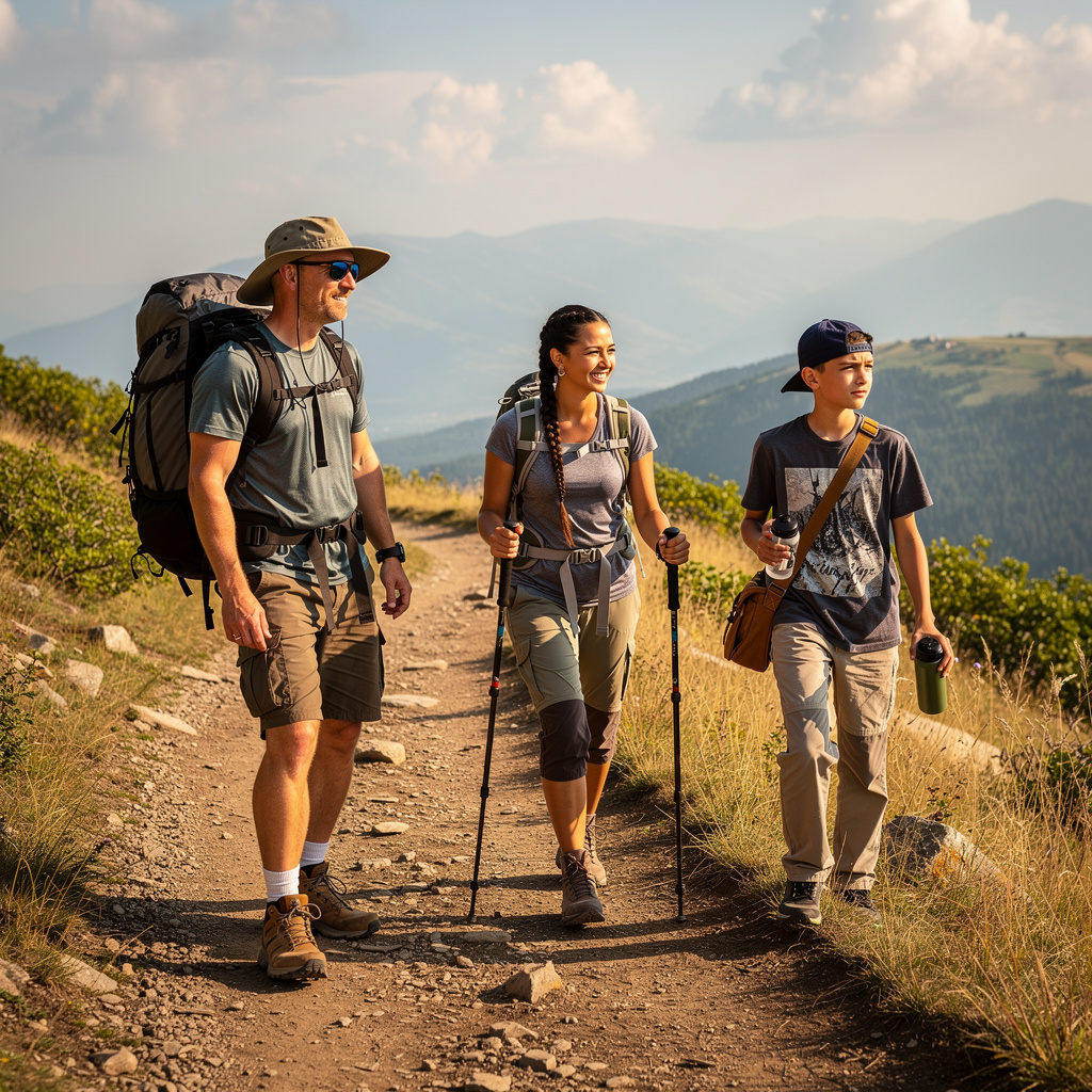 Three hikers on a trail: a man with a backpack and sunhat, a
