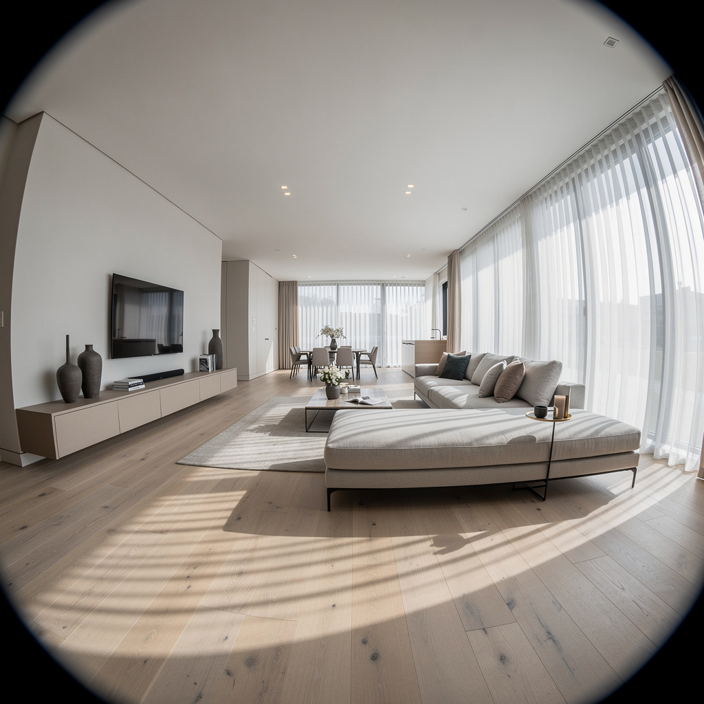 A wide-angle shot of a modern living room interior showing e