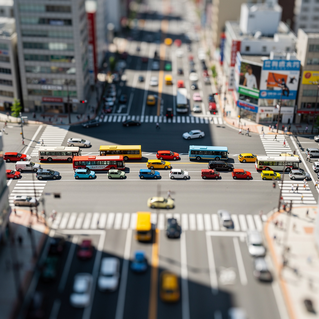 A tilt-shift photograph of a city street making real-life lo