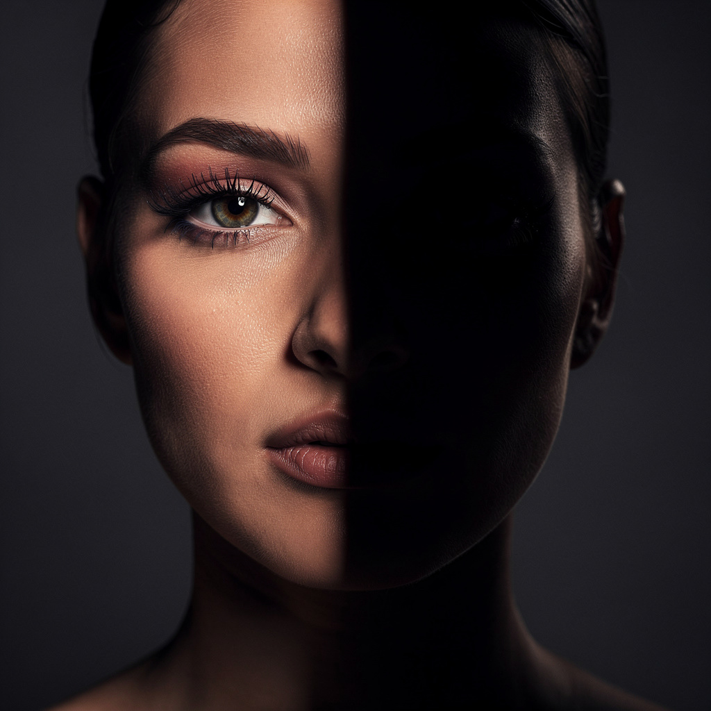 A portrait with dramatic split lighting — half the face brig